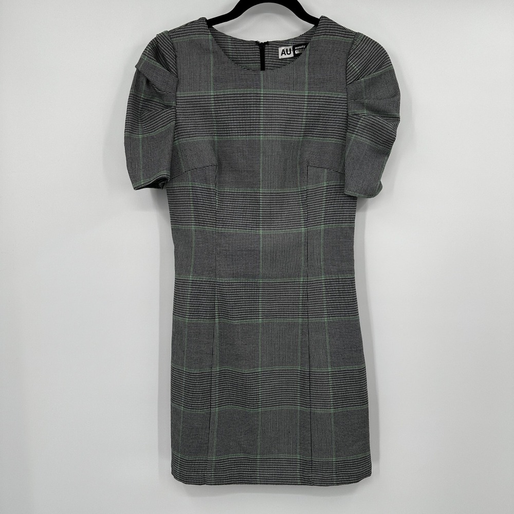 AU by nuuly Women's Plaid Sheath Dress Puff Sleeve Zipper Back Office Career P